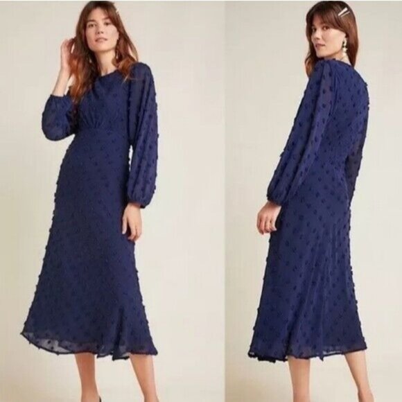 Anthropologie Dresses & Skirts - ERI + ALI ANTHROPOLOGIE dress textured polka dot sheer sleeve midi navy blue 2